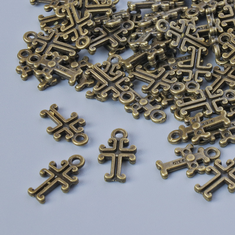 Finding Pendant "Cross", diameter 11x6mm, hole diameter 1.3mm, pack of 70pcs+/- bronze metal colour