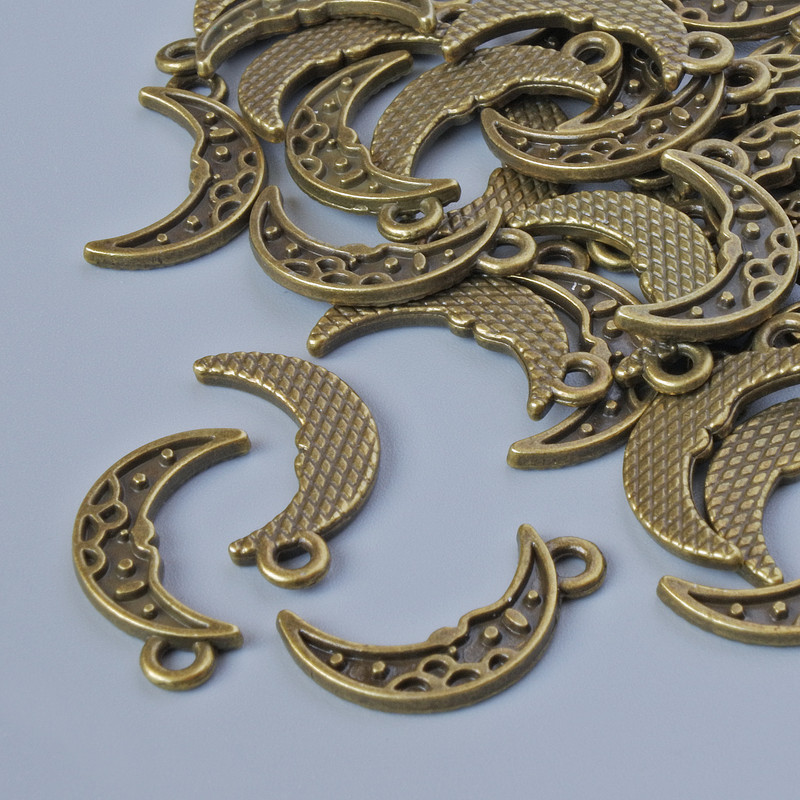Finding Pendant "Moon", diameter 17.5x9mm, hole diameter 1.8mm, pack of 30pcs+/- bronze metal colour