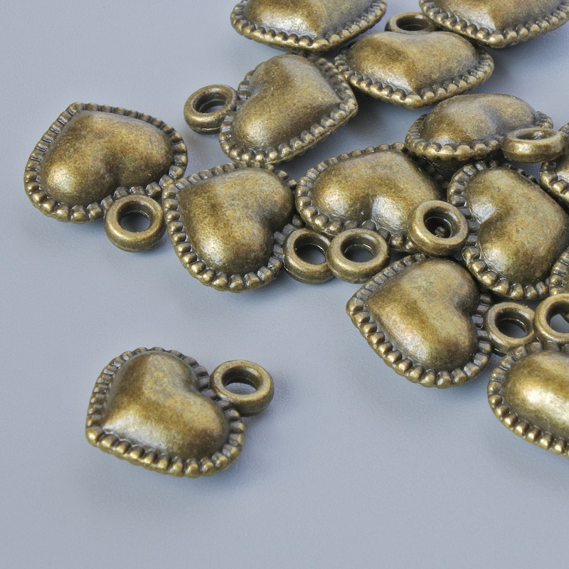 Finding Pendant "Heart", diameter 13x11.5mm, hole diameter 1.9mm, pack of 16pcs +/- bronze metal colour