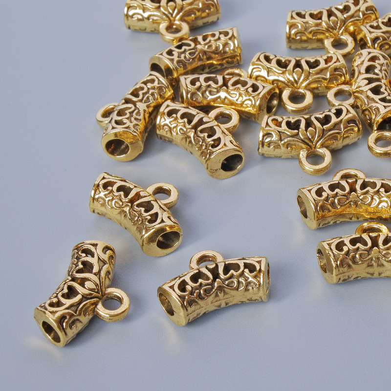 Gold-tone Bail Bead Topper, 13.5x5x5mm, hole diameter 2mm, 2.7mm, length 9mm, packaged 19 pcs ± 20g, gold colour metal