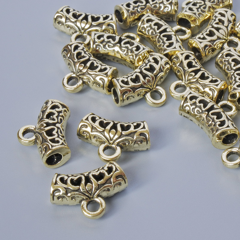 Bead Bail Holder, 13.5×5 mm, hole diameter 2–2.7 mm, length 9 mm, packaged 19 pcs ± 20 g, light gold colour metal