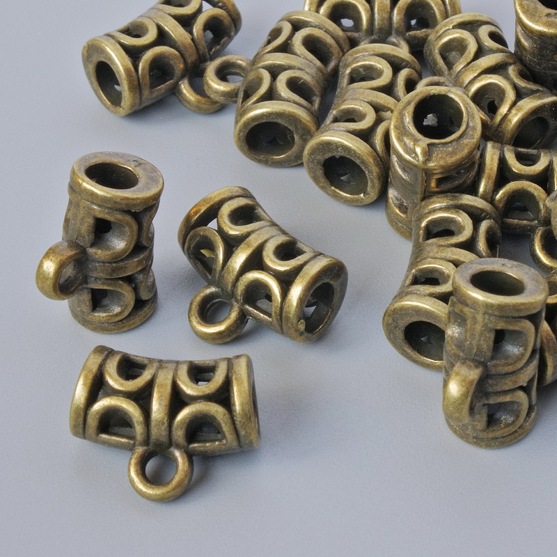 Pendant Bail Holder, bronze colour, 12x6mm diameter, hole diameter 1.7mm, 3mm, length 9.5mm, packaged 18 pcs ± bronze metal colour