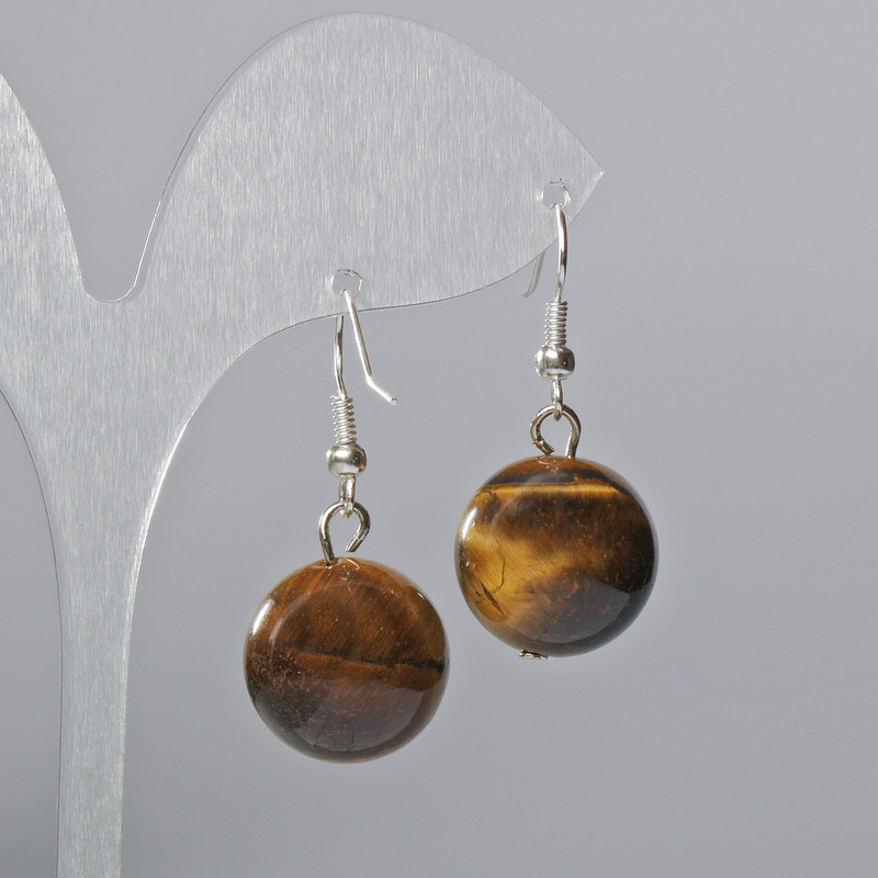 Earrings Tiger's Eye natural stone smooth bead, diameter 16mm±, length 36mm±