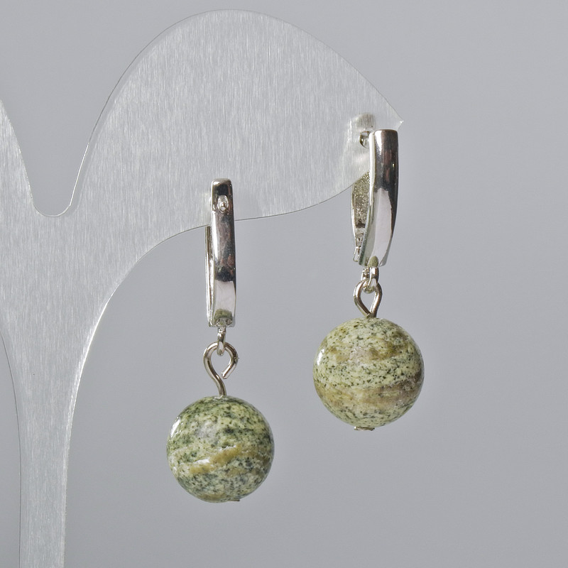 Earrings Serpentine natural stone smooth bead, diameter 14mm±, length 34mm±, with English clasp