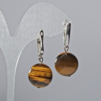 Earrings Tiger's Eye natural stone smooth bead, diameter 16mm±, length 35mm± English clasp