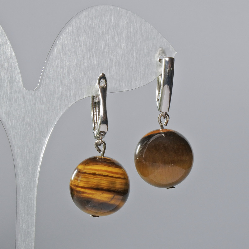 Earrings Tiger's Eye natural stone smooth bead, diameter 16mm±, length 35mm± English clasp