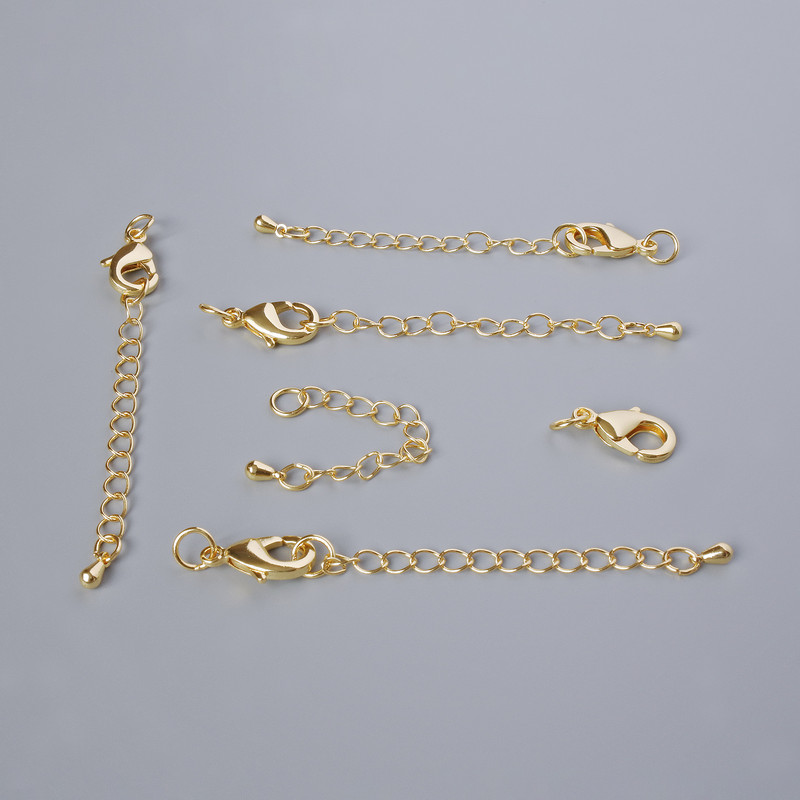 Hook Clasps with D‑ring, 15×8mm diameter with extension chain, length 5.5cm, gold coloured metal, 1 piece