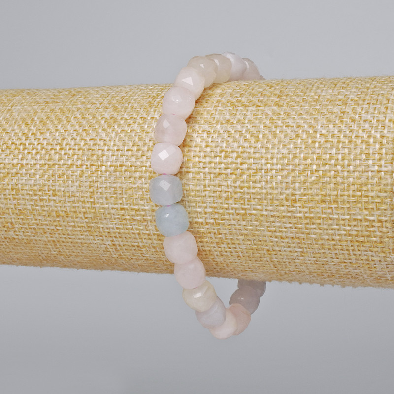 Morganite Bracelet natural gemstone faceted cube, 7.5mm diameter, length 18cm± (stretch)
