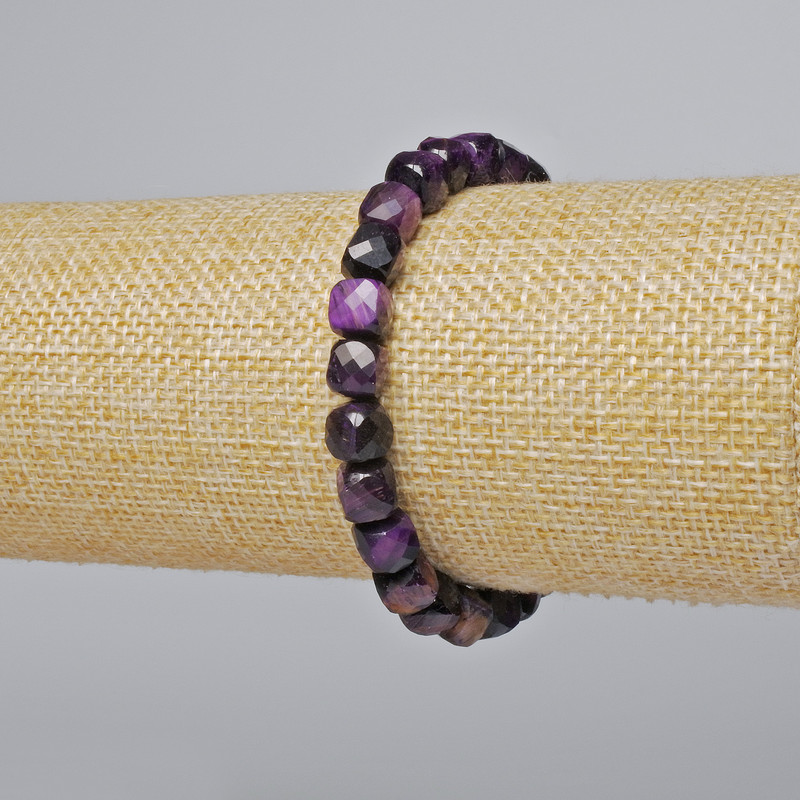 Bracelet Purple Cat's Eye Natural Stone Faceted Cube Beads, 7mm dia. ±, length 18cm ± (stretch)