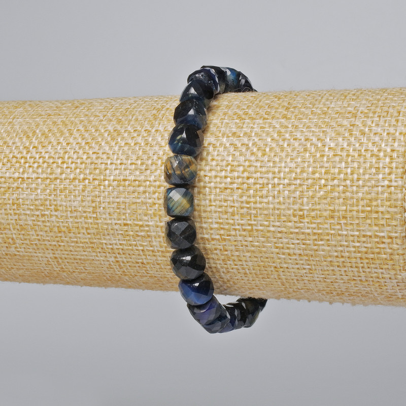 Blue Tiger's Eye Bracelet - Natural Stone, Faceted Cubic Beads, 7mm diameter, 18cm length (stretch)