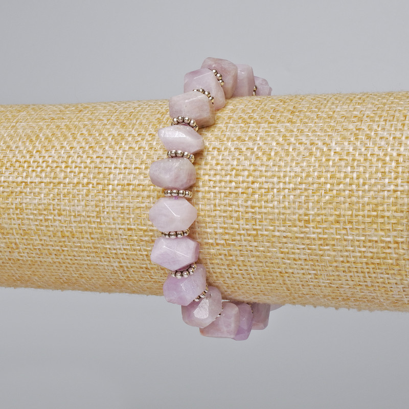 Kunzite Bracelet, natural stone, faceted rondelle, 10x7mm, approx. 18cm length, stretch band with metal inserts