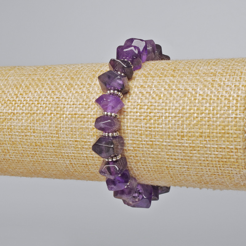 Amethyst Bracelet with natural cut gemstone, rondelle 10×7 mm, length 18 cm, stretch with metal inserts