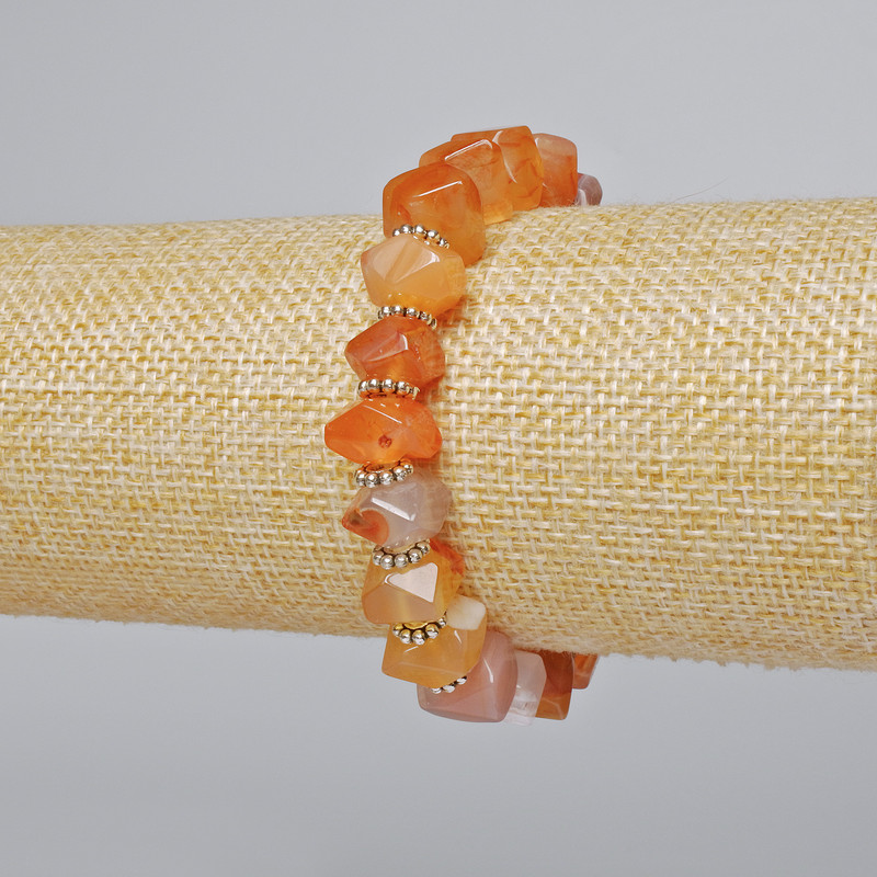 Bracelet Botswana Agate Orange Natural Stone Beaded Rondelle, 10x7mm, length 18cm, (stretch) with metal inserts