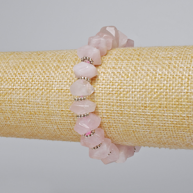 Bracelet Pink Quartz natural stone faceted rondelle, diameter 10×7mm±, length 18cm± (stretch) with metal inserts