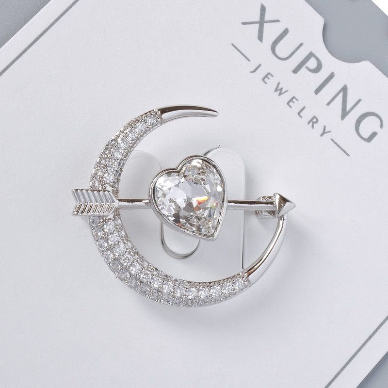Xuping Brooch "Heart" white crystal and white rhinestones 24x27mm, silver metal