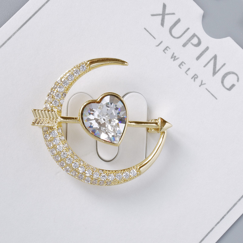 Brooch Xuping "Heart" white crystal and white rhinestones 24x27mm, light-gold metal, gilding