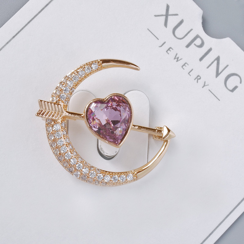 Xuping Brooch "Heart" purple crystal and white rhinestones 24x27mm, gold-tone metal, gold plating