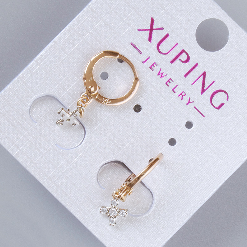 Earrings 'Cross' Xuping with white crystals, diameter 7.5×6mm, length 23mm, 18K gold-plated