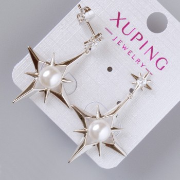 Stud Earrings "Star" Xuping with White Crystal and Bead, 30x24.5 mm diameter, 5 mm +/-, length 39 mm +/-, Rhodium-plated