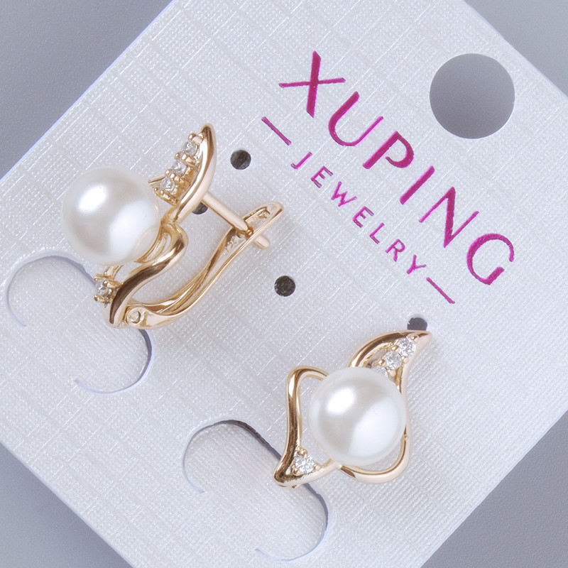 Xuping Earrings with White Crystals and Pearl Bead, 18×12 mm, 18K Gold Plated