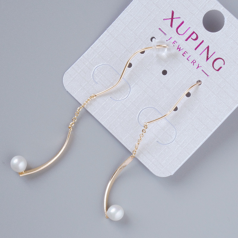 Earrings Xuping with White Pearl Bead, 18K Gold Plated, Ø 5.5 mm, length 35 mm ±, no clasp
