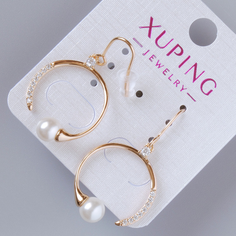 Xuping Earrings with White Crystals and Mallorca Pearl Bead, Diameter 25×19, 5mm, Length 37mm±, No Clasp, 18K Gold Plated