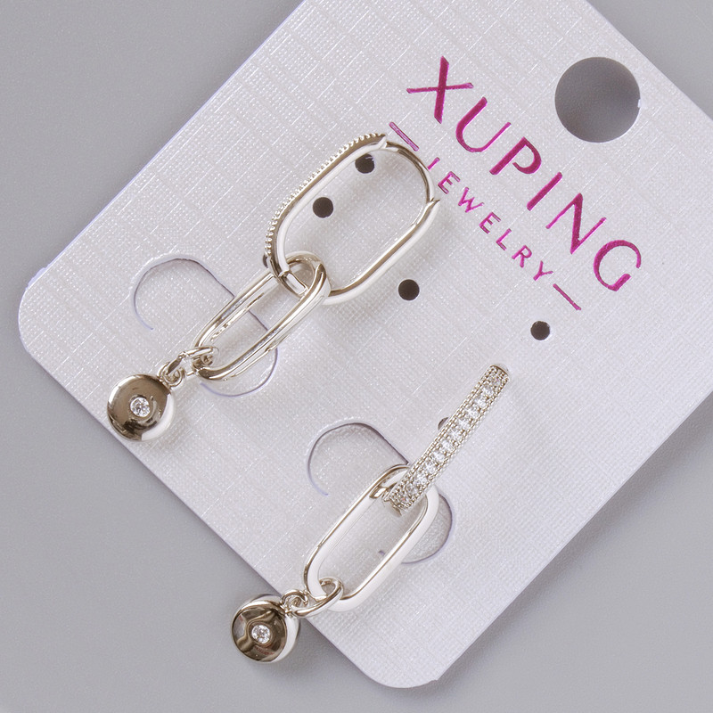 Xuping Earrings with White Rhinestones, 15x2mm diameter, 35mm+/- length, Rhodium-plated
