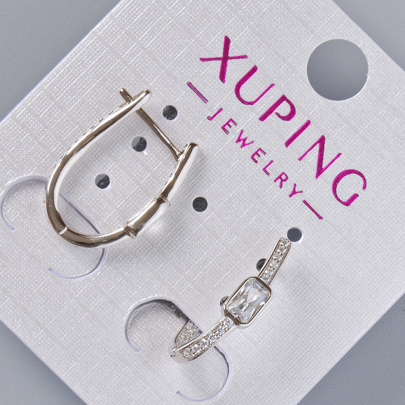 Earrings Xuping with White Crystals and Crystal, 18x4 mm diameter, Rhodium