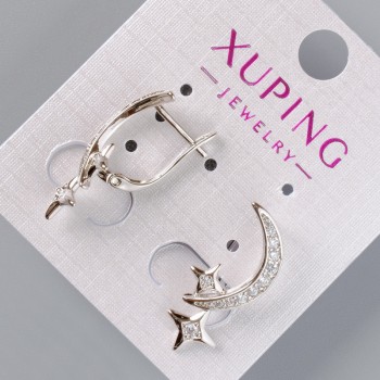 Earrings 'Moon and Stars' Xuping with White Stones, diameter 24, 5×10mm, rhodium