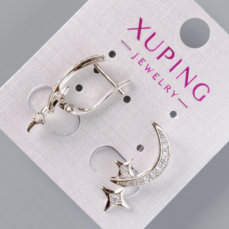 Earrings 'Moon and Stars' Xuping with White Stones, diameter 24, 5×10mm, rhodium