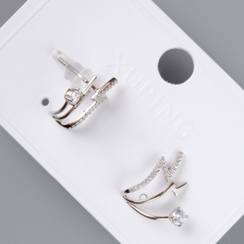 Earrings "Lightning" Xuping with white rhinestones, diameter 16x16mm, no clasp, rhodium-plated