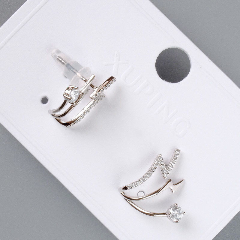 Earrings "Lightning" Xuping with white rhinestones, diameter 16x16mm, no clasp, rhodium-plated
