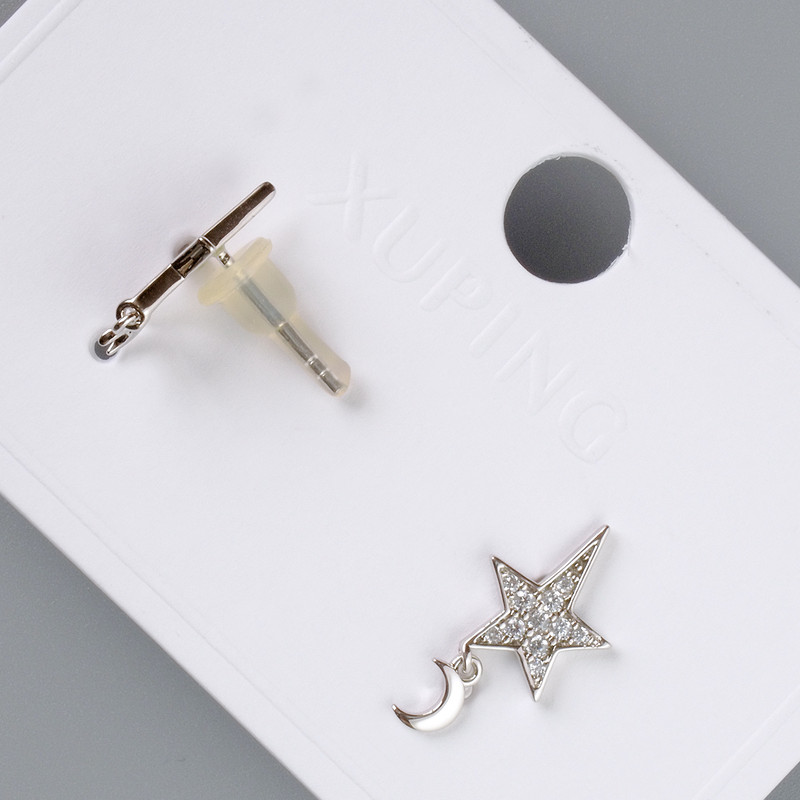 Earrings 'Star and Moon' Xuping with white rhinestones, diameter 12×9.5, 5mm, length 18mm±, without clasp, rhodium plated