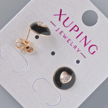 Earrings 'Heart' Studs Xuping with white crystal and black enamel, 10 mm diameter, 18K gold plated