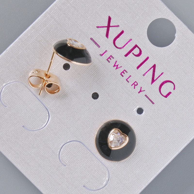 Earrings 'Heart' Studs Xuping with white crystal and black enamel, 10 mm diameter, 18K gold plated