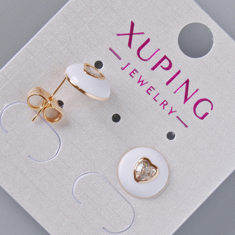 Stud Earrings 'Heart' Xuping with White Crystal and Enamel, 10mm diameter 18K gold plating