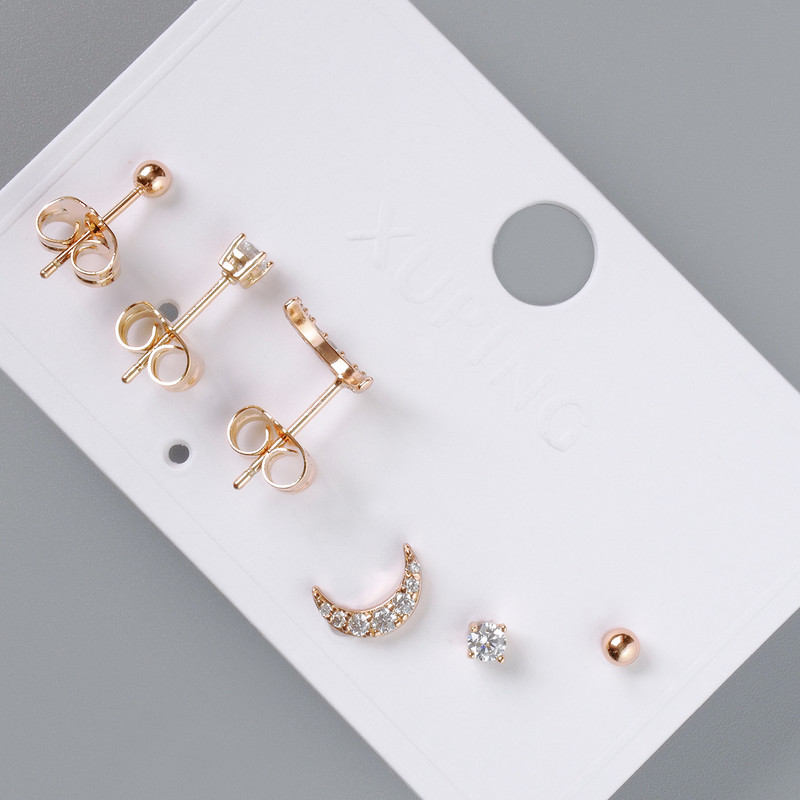 Xuping Stud Earrings Set (3 Pairs) with White Crystals, 9x2.5mm, 4mm, 3mm, 18K Gold Plated