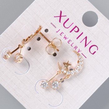 Stud Earrings "Moon and Star" Xuping with White Crystals, 11x8 mm diameter, 22 mm long, 18K Gold Plated