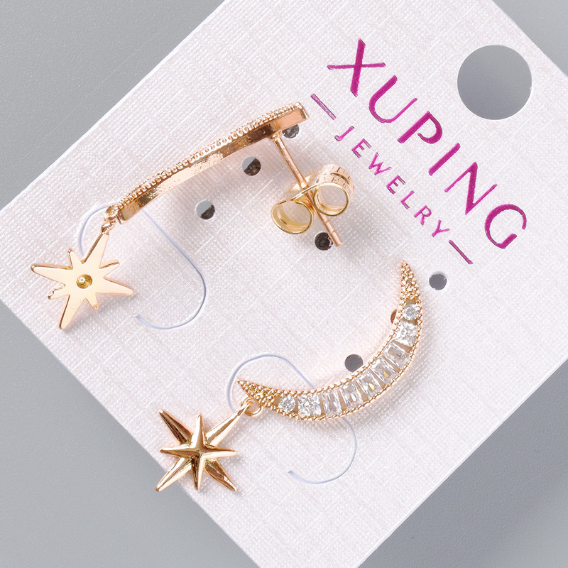 Stud Earrings "Moon and Star" Xuping with White Crystals, diameter 19x3.5mm, 10mm length 30mm±, 18K Gold Plated