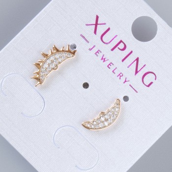 Stud Earrings 'Sun and Moon' Xuping with White Crystals, 14.5×7 mm and 12×5 mm, 18K Gold Plating