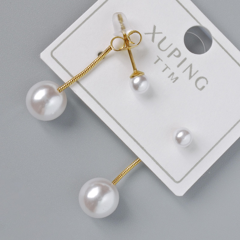 Earrings, Xuping Studs with White Bead, 8mm Diameter, 4mm±, Length 25mm±, Lemon Plating