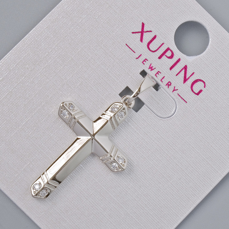 Pendant “Cross” Xuping with White Rhinestones, 26.5×17.5 mm diameter, 32 mm length, rhodium