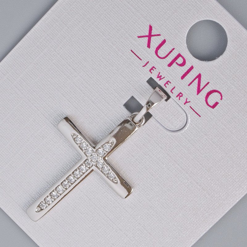 Pendant "Cross" Xuping rhodium with white crystals, diameter 27×17, 5mm+ -, length 33mm+- rhodium