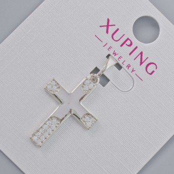 Pendant "Cross" Xuping with white crystals, diameter 22×15mm±, length 27mm± rhodium