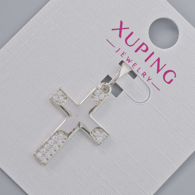 Pendant "Cross" Xuping with white crystals, diameter 22×15mm±, length 27mm± rhodium