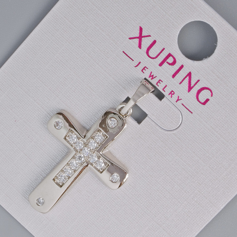 Pendant “Cross” Xuping with white crystals, diameter 26×17.5, 5mm+ -, length 31mm+-, rhodium-plated
