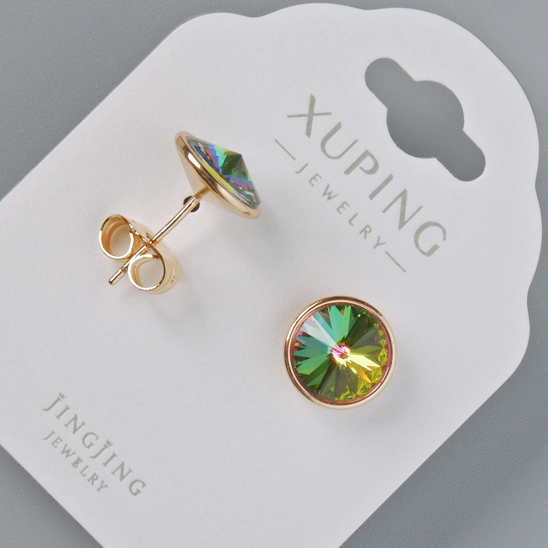 Earrings 'Stud' Xuping with Swarovski crystals Emerald-green and pink holographic, 10mm diameter, 18K gold plated