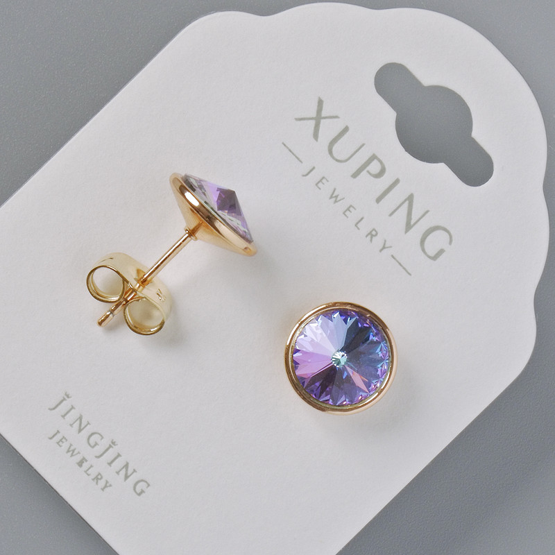Earrings 'Push-Back' Xuping with Swarovski crystals, colour-changing purple and blue hologram, 10 mm diameter, 18K gold plated