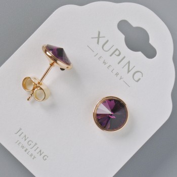 Earrings, Xuping studs with Swarovski crystals, burgundy colour, 10mm diameter, 18K gold plated