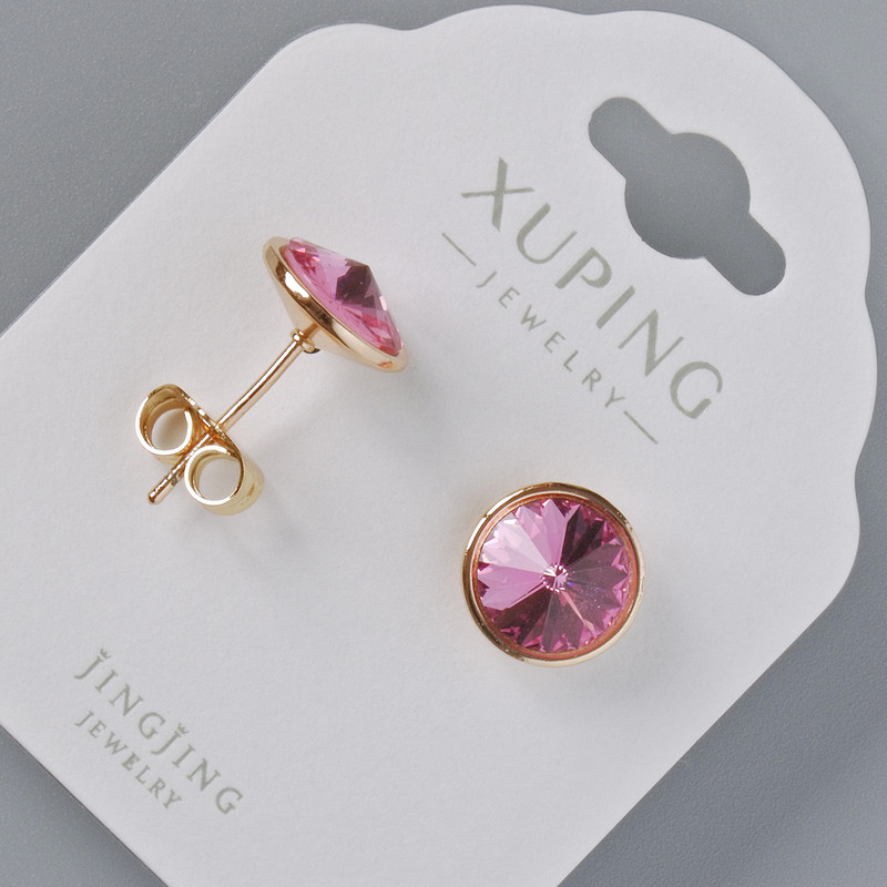 Xuping Earrings with Swarovski crystals in pink colour, 10mm diameter, 18K gold plated